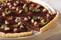 Cut the chocolate tart with hazelnut close-up, horizontal