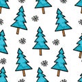 Cut Christmas seamless pattern with blue fir trees and snowflakes. Xmas simple texture. Christmas pattern. Christmas Royalty Free Stock Photo