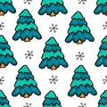 Cut Christmas seamless pattern with blue fir trees and snowflakes. Xmas simple texture. Christmas pattern. Christmas Royalty Free Stock Photo