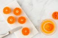 Cut Clementines on Marble Board and Citrus Juicer on Marble Royalty Free Stock Photo