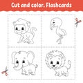 Cut and color. Flashcard Set. flamingo, lion, monkey, elephant. Coloring book for kids. Cartoon character. Cute animal Royalty Free Stock Photo