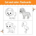 Cut and color. Flashcard Set. flamingo, lion, zebra, monkey. Coloring book for kids. Cartoon character. Cute animal