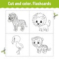 Cut and color. Flashcard Set. flamingo, tiger, lion, zebra. Coloring book for kids. Cartoon character. Cute animal