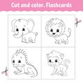Cut and color. Flashcard Set. lion, monkey, iguana, elephant. Coloring book for kids. Cartoon character. Cute animal Royalty Free Stock Photo