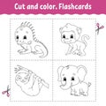 Cut and color. Flashcard Set. monkey, sloth, iguana, elephant. Coloring book for kids. Cartoon character. Cute animal