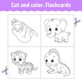 Cut and color. Flashcard Set. tiger, sloth, iguana, elephant. Coloring book for kids. Cartoon character. Cute animal Royalty Free Stock Photo