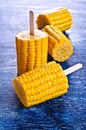 Cut corn on the cob on a stick Royalty Free Stock Photo