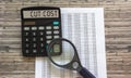 Cut cost, the text is written on the display of the word calculator. Documents and a magnifying glass are on a wooden table