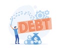 Cut debt - Businessman cutting the word debt with a sword, Money flying around. Royalty Free Stock Photo