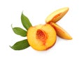 Cut fresh ripe peach with leaves on white background, top view Royalty Free Stock Photo