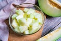 Cut of fresh sweet green melon in bowl glass on the wooden table. Fruits or healthcare concept. Selective focus, Top view