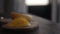 cut fresh yellow mango on wood board Royalty Free Stock Photo