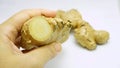 Cut ginger rhizhome in lady`s hand; above blurry ginger on white surface.