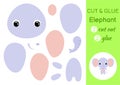 Cut and glue baby elephant. Education developing worksheet. Color paper game for preschool children. Cut parts of image and glue