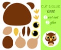 Cut and glue baby sitting owl. Educational paper game for preschool children