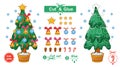 Cut and glue Christmas tree decoration toys, paper education children game. Complete picture New year fir with glass balls. Vector