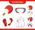 Cut and glue, cut parts of Bowling Pin, Goggle, Ping Pong Racket, Goalkeeper Gloves and glue them. Educational children game,