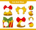 Cut and glue, cut parts of Christmas Bell, Ribbon, Gift Box and glue them. Educational children game, printable worksheet, vector Royalty Free Stock Photo