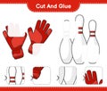 Cut and glue, cut parts of Goalkeeper Gloves, Bowling Pin and glue them. Educational children game, printable worksheet, vector