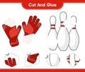 Cut and glue, cut parts of Goalkeeper Gloves, Bowling Pin and glue them. Educational children game, printable worksheet, vector