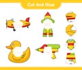 Cut and glue, cut parts of Plane, Rocket, Rubber Duck, Water Gun and glue them. Educational children game, printable worksheet, Royalty Free Stock Photo