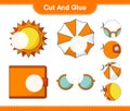 Cut and glue, cut parts of Sun, Umbrella, Wallet, Sunglasses and glue them. Educational children game, printable worksheet, vector