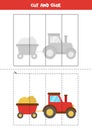 Cut and glue game for kids. Cartoon farming tractor.