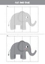 Cut and glue game for kids. Cute cartoon grey elephant.