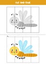 Cut and glue game for kids. Cute dragonfly