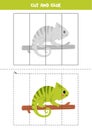 Cut and glue game for kids. Cute green chameleon