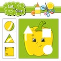 Cut and glue. Game for kids. Education developing worksheet. Cartoon pepper character. Color activity page. Hand drawn. Isolated