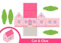 Cut and glue a house. Children art game for activity page. Paper 3d model. Vector illustration.