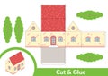 Cut and glue a house. Children art game for activity page. Paper 3d model. Vector illustration.