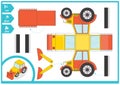 Cut and glue a paper car. Children art game for activity page. Paper 3d excavator. Vector illustration.