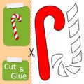 Cut and glue the paper cute Christmas candy cane. Create application the cartoon sweet. Christmas winter holiday design element