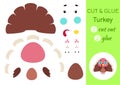 Cut and glue paper little turkey. Kids crafts activity page. Educational game for preschool children. DIY worksheet. Kids art game Royalty Free Stock Photo