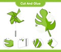 Cut and glue, cut parts of Monstera, Pinwheels and glue them. Educational children game, printable worksheet, vector illustration Royalty Free Stock Photo