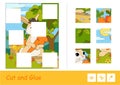 Cut and glue vector learning children game. Colorful puzzles of cute bunny in a hat picking carrots in a wood. Wild