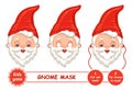 Cut gnome, Santa Clause Christmas carnival face mask. Dwarf old man with beard. Masquerade head decor. Children paper game. Vector