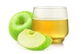 Cut green apples and apple juice in a glass over white background Royalty Free Stock Photo