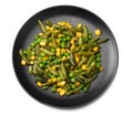 cut green beans, green peas and corn at black plate isolated on white background. top view. healthy food Royalty Free Stock Photo