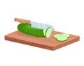 Cut green cucumber vegetable, isometric cutter kitchen knife slicing fresh cucumber