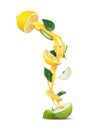 Cut in half a green apple and half a lemon with streams of lemon and apple juice and apple and lemon slices on a white background Royalty Free Stock Photo