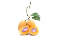 Cut half and whole ripe Sweet Yellow Marian Plum or Plum Mango Thai people call Ma Yong Chit on white background.