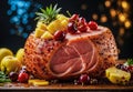 Cut ham coated with a sweet honey glaze and garnished with pineapple and cherries. Christmas food. Festive dish Royalty Free Stock Photo