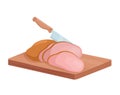 Cut ham, isometric cutlery chef knife cutting smoked meat bacon ham on wooden board