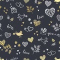 Cut hand drawn romantic seamless pattern, doodle hearts, birds, letters and type - great for textiles, banner, wallpapers, cards, Royalty Free Stock Photo