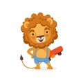 Cut kid lion cartoon character wearing shorts on suspenders and holding skateboard. Playful baby animal with lush mane