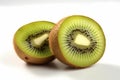 A cut kiwi and one quarter kiwi on a white background