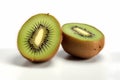 A cut kiwi and one quarter kiwi on a white background